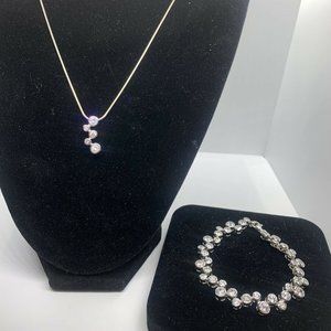 Italian Sterling Silver 925 Necklace & Matching Bracelet Set W/ Crystals
